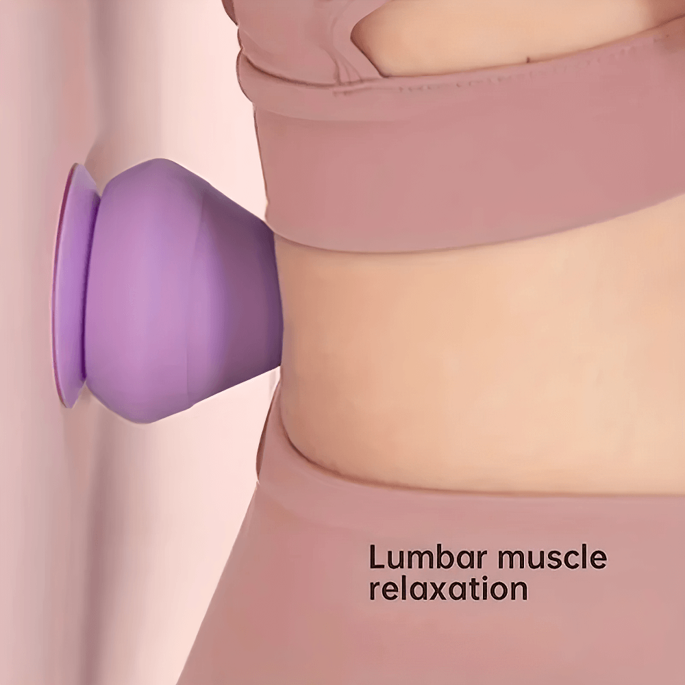 Person using fascia cone massager on lower back for lumbar muscle relaxation, showcasing its suction cup design and ergonomic shape.